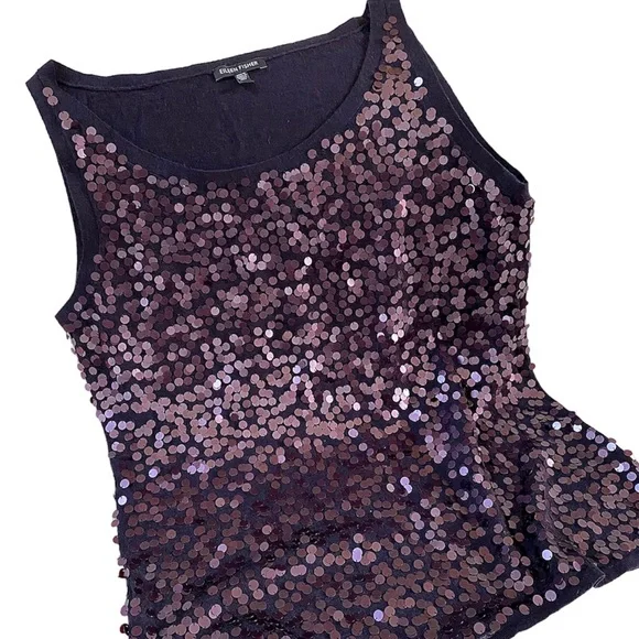 EILEEN FISHER 100% BLACK MERINO WOOL & PURPLE SEQUIN TOP SIZE LARGE - Picture 3 of 16